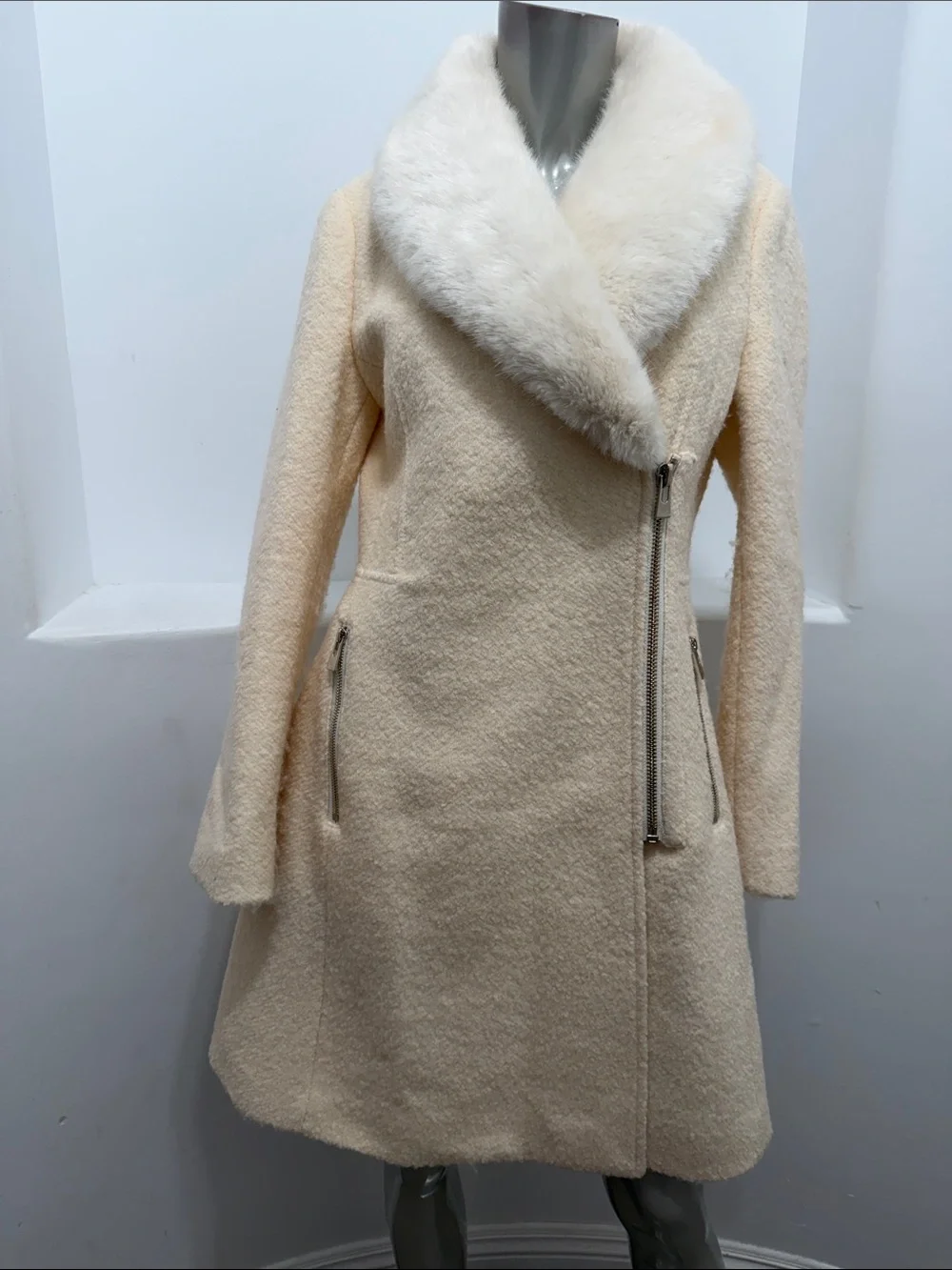 INC International Concepts S Ivory Wool Blend Faux Fur Collar Zip Coat